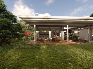 Atriumhaus im modernen Fachwerkstil von HUF Moderne Architektur des Atriumhauses in entspannter Gartenumgebung