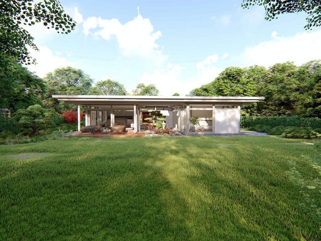 Atriumhaus im Fachwerkstil von HUF Moderne Architektur eines Atriumhauses umgeben von Grünflächen