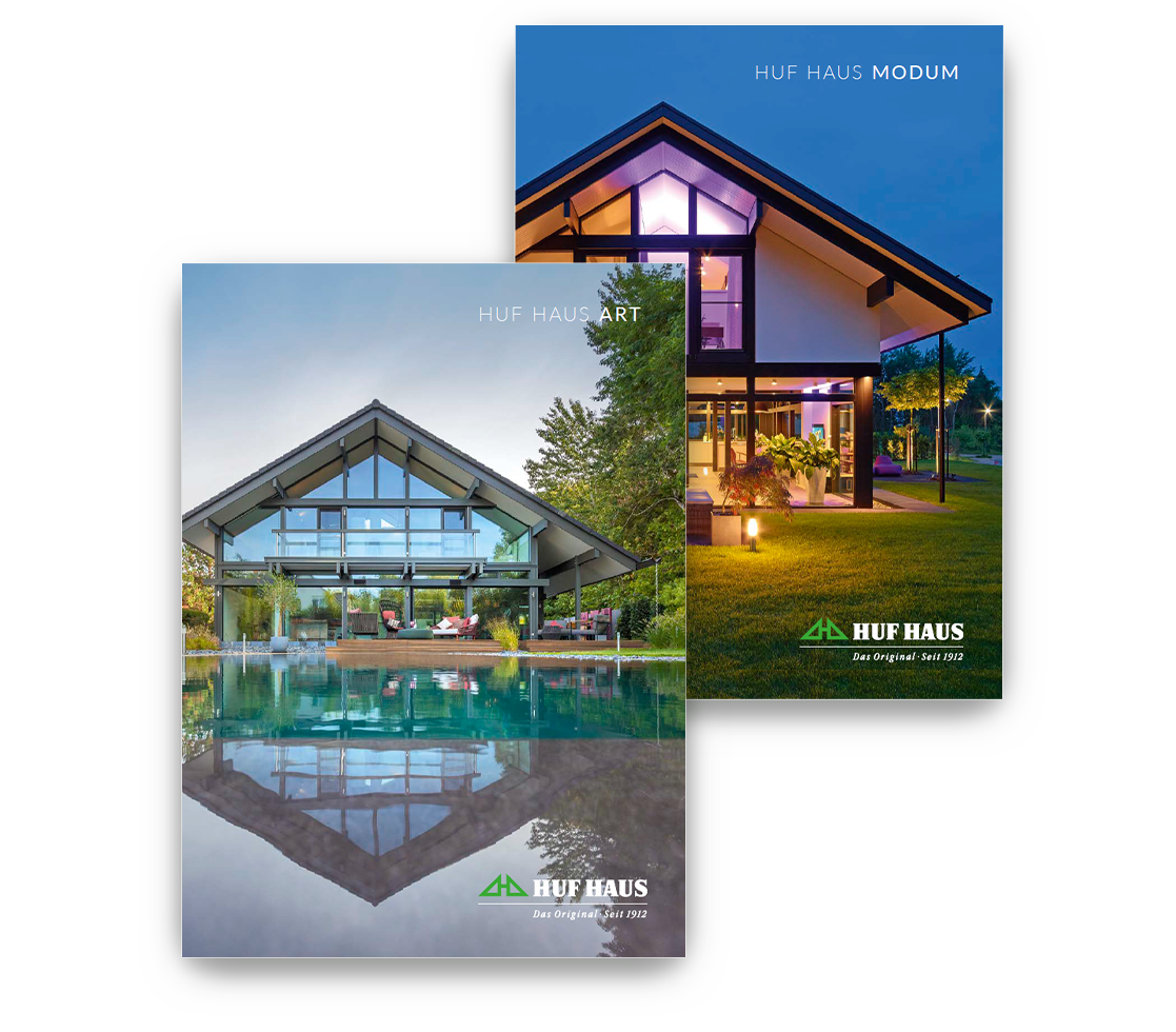 Broschüren von HUF HAUS mit modernen Designs Zwei Broschürenteaser von HUF HAUS, MODUM und ART