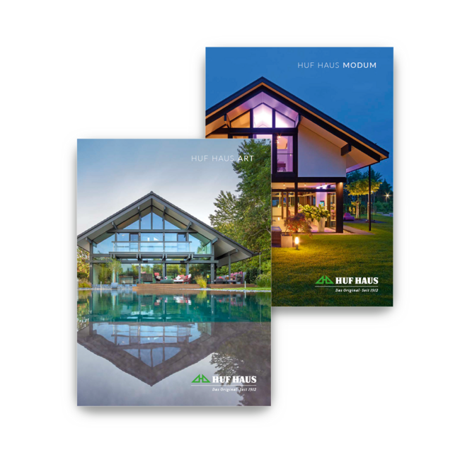 Broschüren von HUF HAUS mit modernen Designs Zwei Broschürenteaser von HUF HAUS, MODUM und ART
