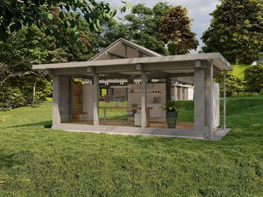 Moderne Architektur im Grünen mit Glasfront Ein modernes Gebäude in einer naturnahen Umgebung mit großen Fenstern