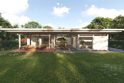 Moderne Architektur mit Gartenansicht Stylisches Haus mit offener Terrasse und Gartenlandschaft