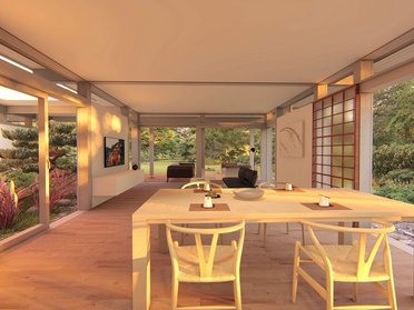 HUF Fachwerk Atriumhaus Innenansicht Moderne Essbereich mit Holztisch und Blick in den Garten