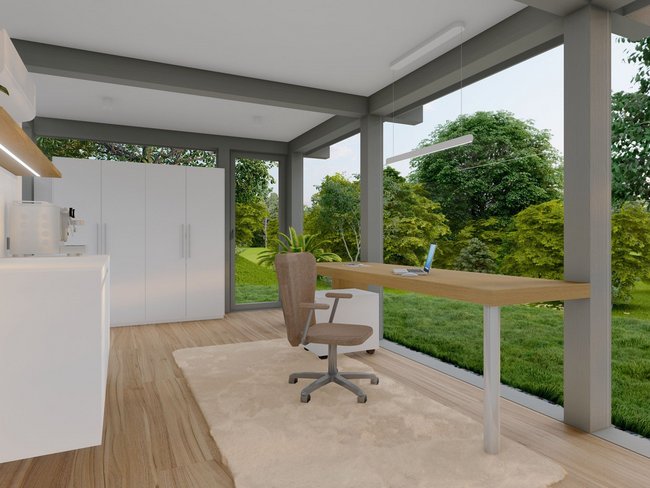 Modernes Home Office mit Blick ins Grüne Helles Arbeitszimmer mit modernen Möbeln und Fensteransicht auf den Garten