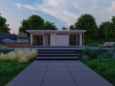 Moderne Villa mit Garten und Terrassenbereich Überblick auf eine moderne Villa umgeben von Grünflächen und Terrassen