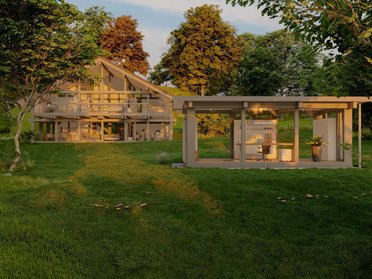 Moderne Architektur eines Hauses in der Natur Haus mit modernen Designelementen und umgebender grüner Landschaft
