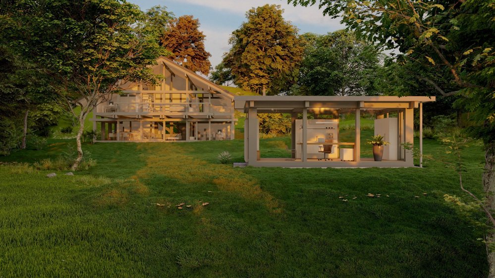 Haus mit modernen Designelementen und umgebender grüner Landschaft