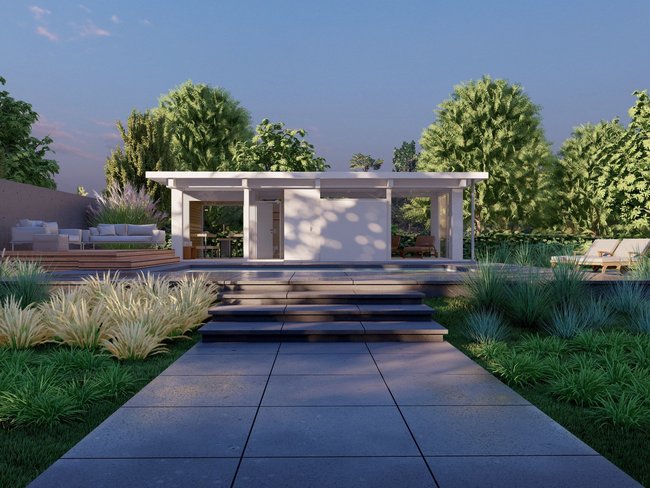 Moderne Gartenansicht mit Pavillon und Pflanzen Entspannender Außenbereich mit Terrasse und Grünanlagen