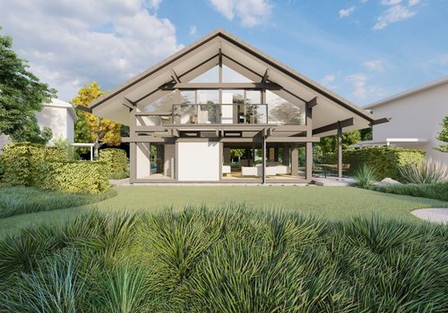 Moderne Architektur: Ansicht eines Hauses mit Garten Futuristisches Haus mit offener Struktur und grünem Garten
