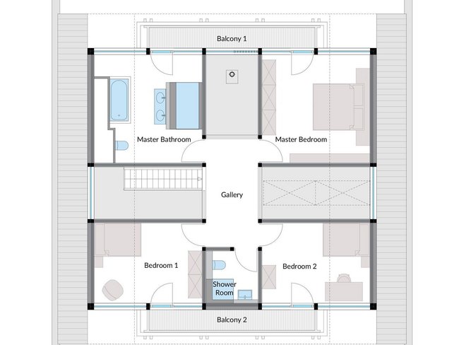 Grundriss eines HUF Hauses mit Balkon und mehreren Schlafzimmern