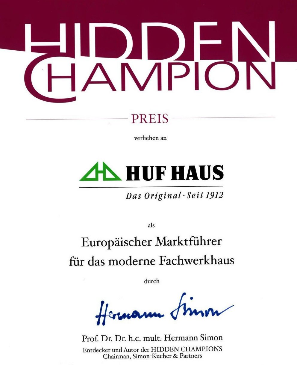 Hidden Champion Award for HUF HAUS Award certificate for HUF HAUS as European market leader in modern prefabricated houses