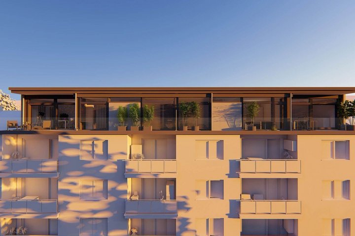 Moderne Architektur mit Holzverkleidung und Dachterrasse
